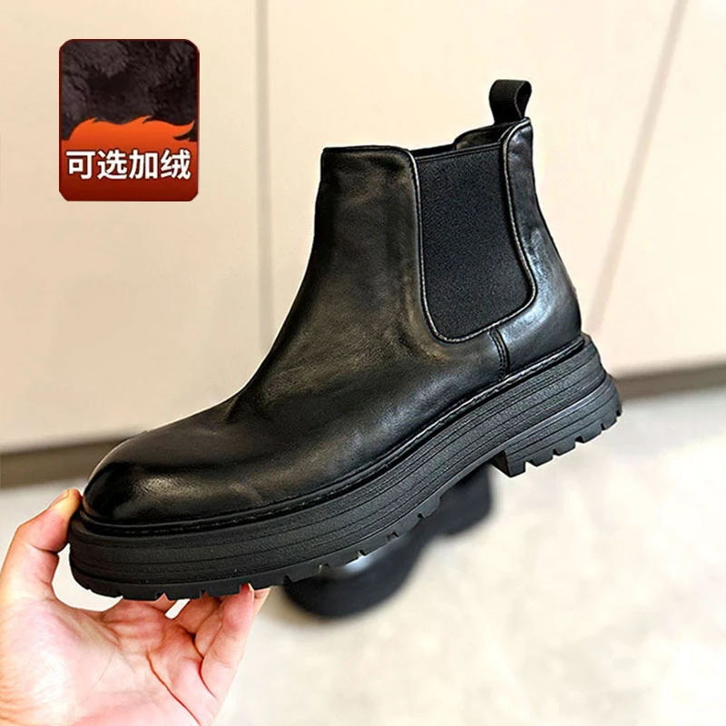 切尔西靴男英伦风大头皮鞋冬季加绒保暖高帮鞋真皮厚底增高马丁靴