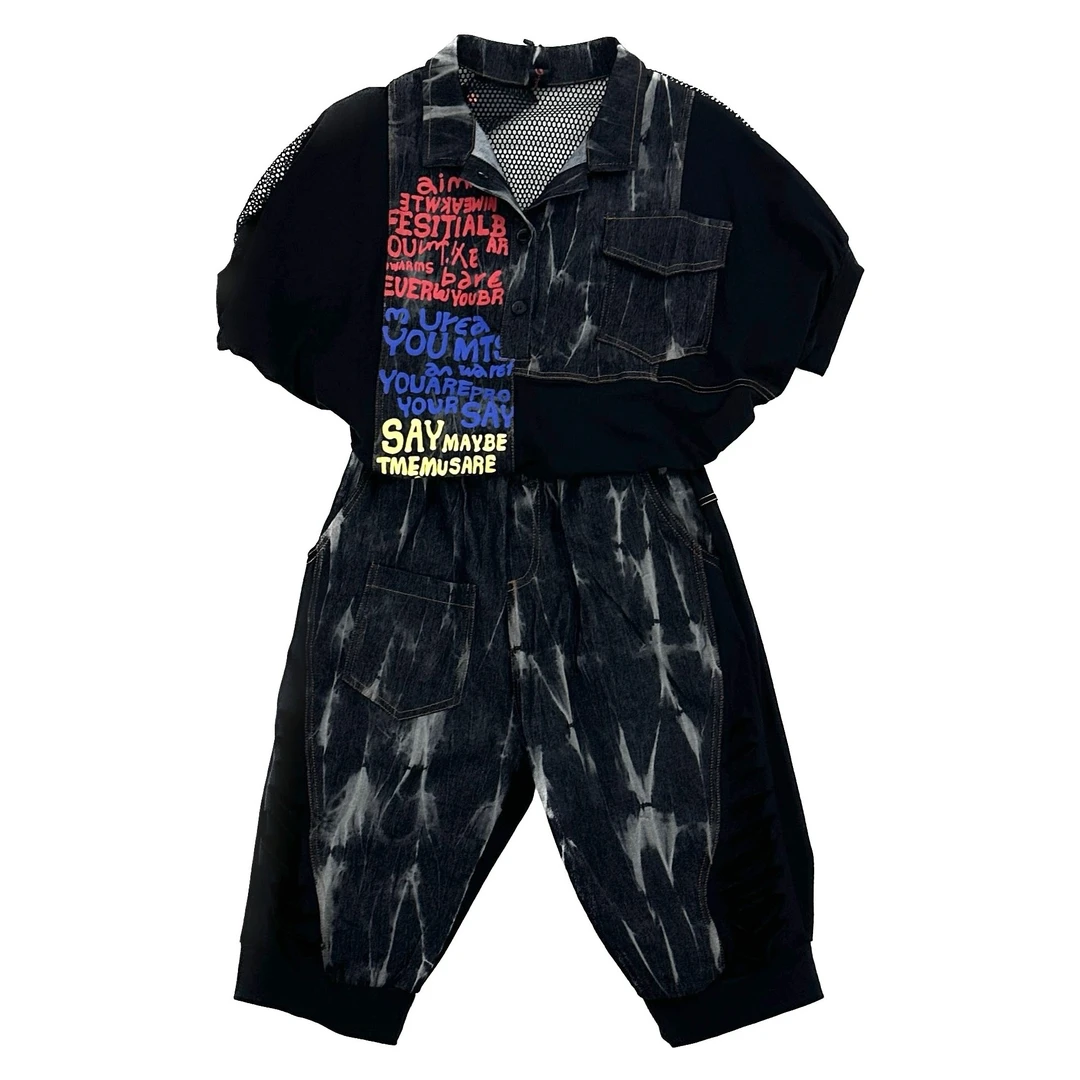 嘻哈风牛仔套装设计夏季无弹休闲时尚黑色拼接潮流个性印花水洗