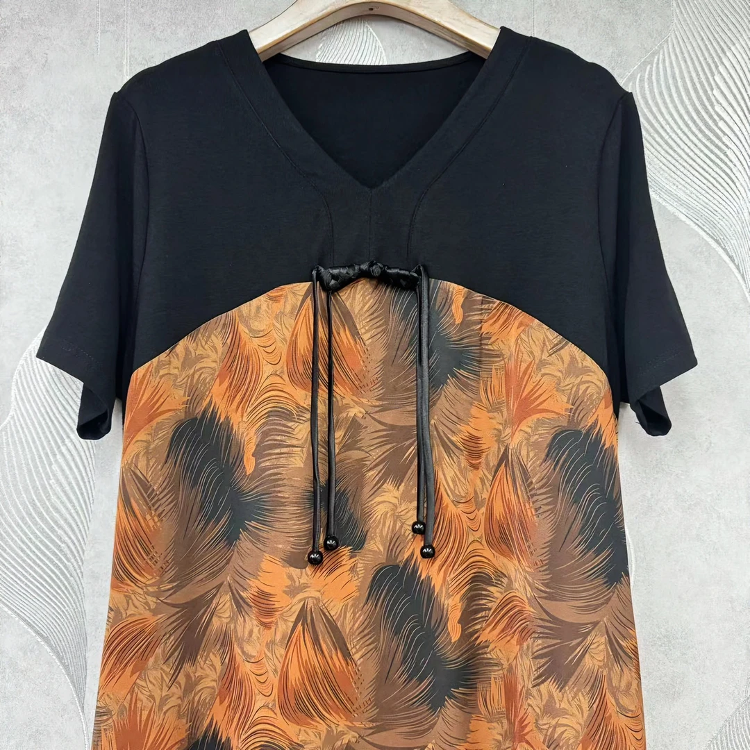 898薄款莫奈花园风圆领复古盘扣中长款印花拼接气质飘逸连衣裙女