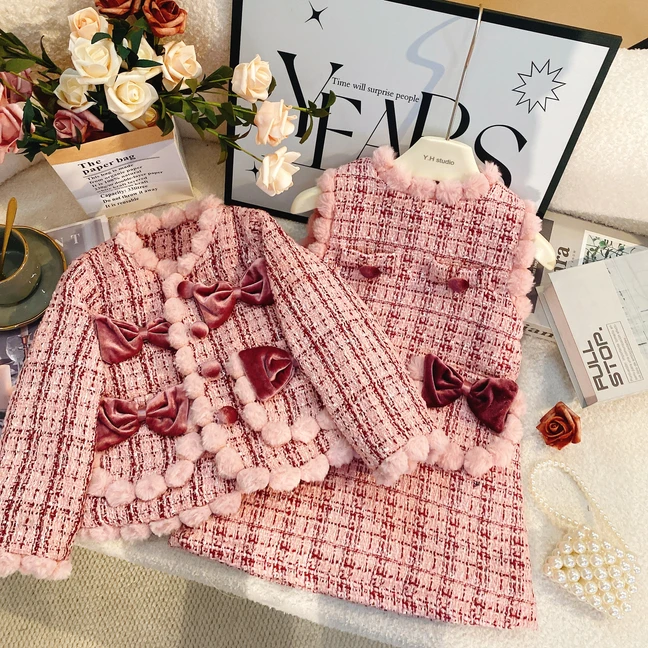 M【豆蔻年华】女童粉色套装冬季新年战袍加厚外套儿童裙子冬6154