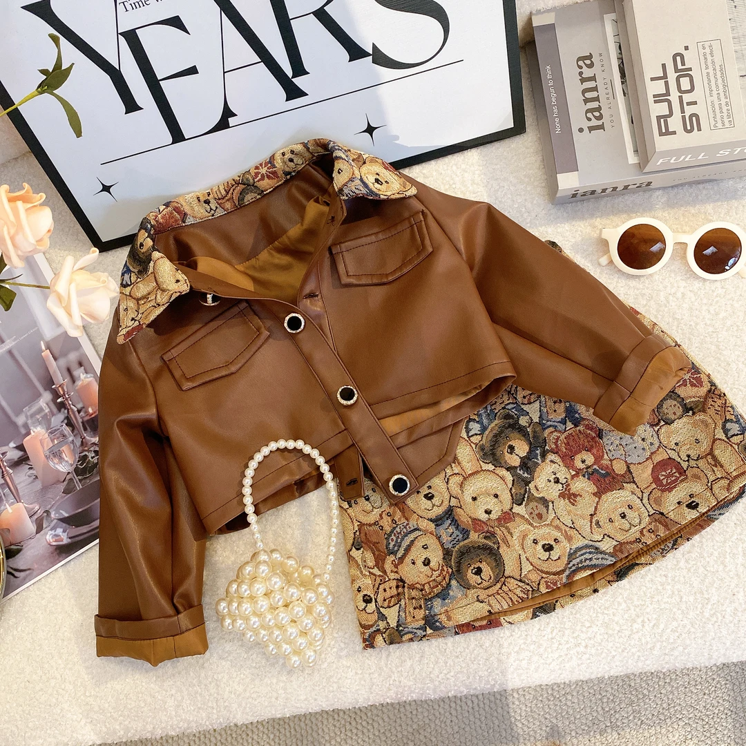 M设计师定制时尚小熊女童轻奢气质撞色拼接儿童套装外套洋气7201