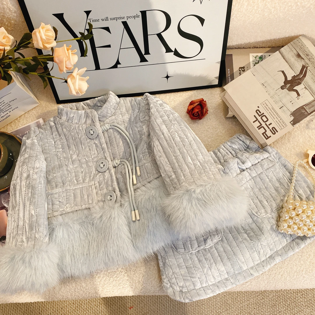 M【冰雪奇缘】2024冬季国风女童 高级加绒 定制 蓝色短裙套装6161