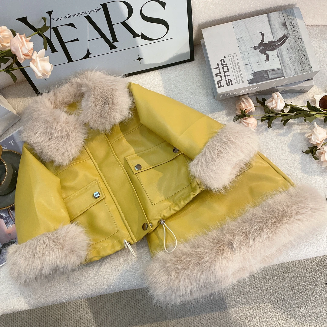 M女宝时尚加绒保暖外套休闲套装2024冬装新款女童洋气皮短裙6111