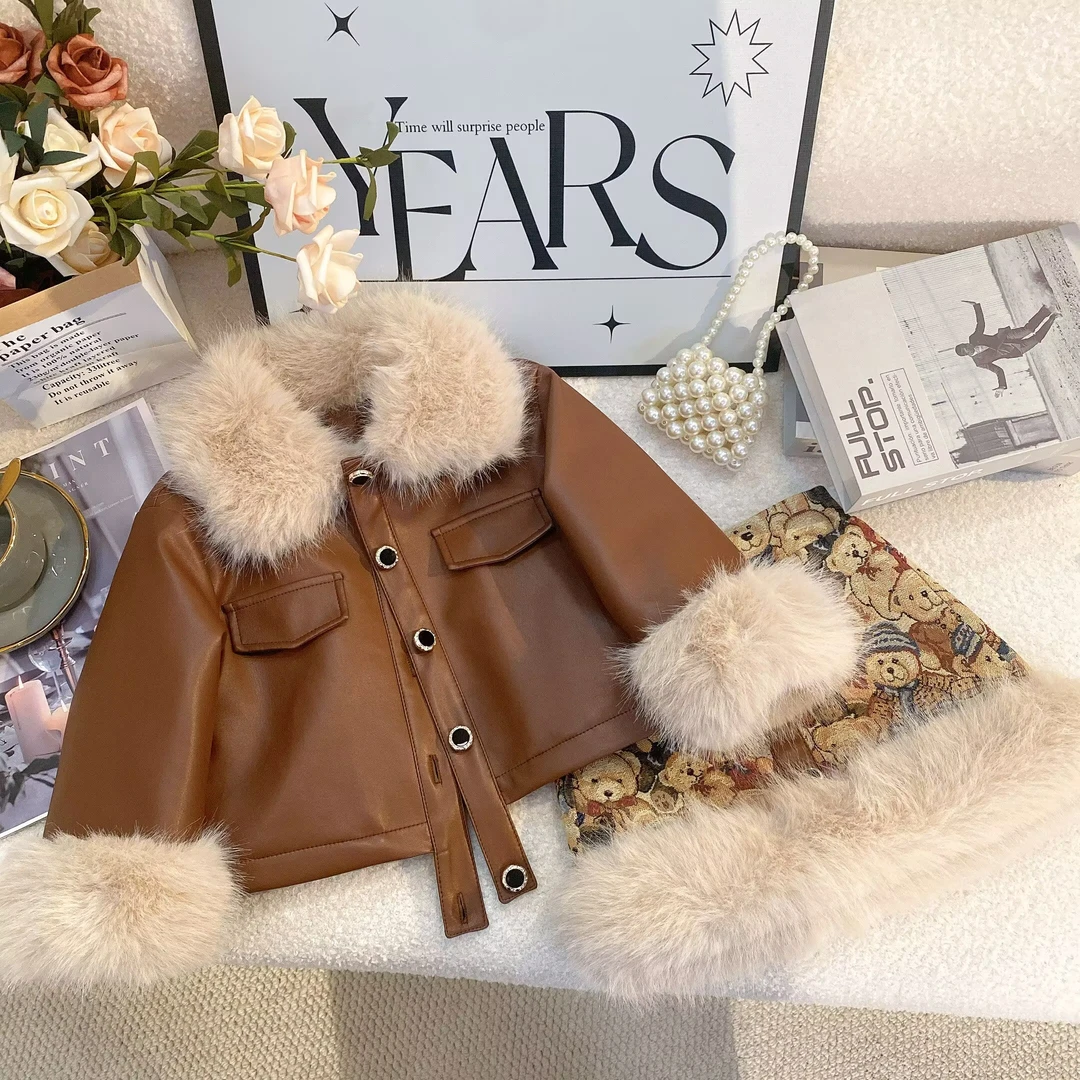 M2024冬款加绒皮衣套装焦糖色洋气女童大毛领半裙两件套6103