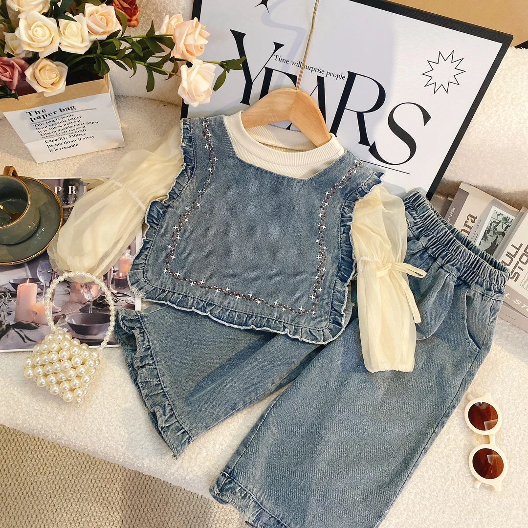 M女童套装春季2025新款洋气时髦牛仔马甲时尚百搭长裤套装7270