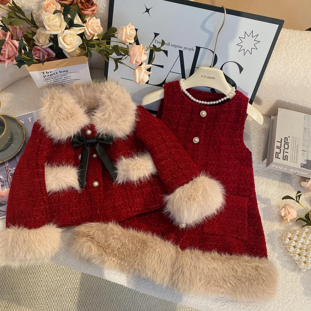 M秋冬新款韩系女童学院风加厚加绒红色喜庆时髦秋冬套装6142