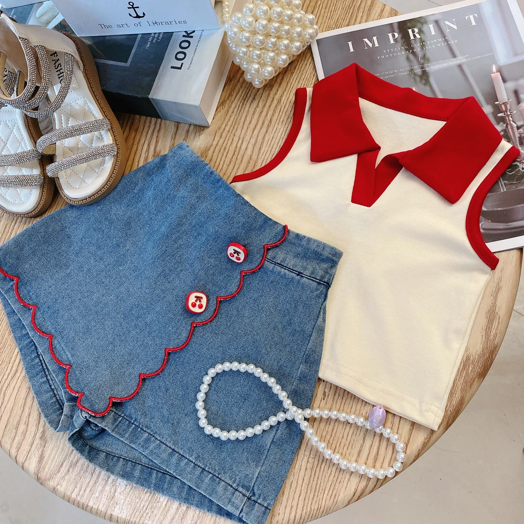 M精致女童套装 无袖上衣气质牛仔裙夏季洋气新款两件套8111