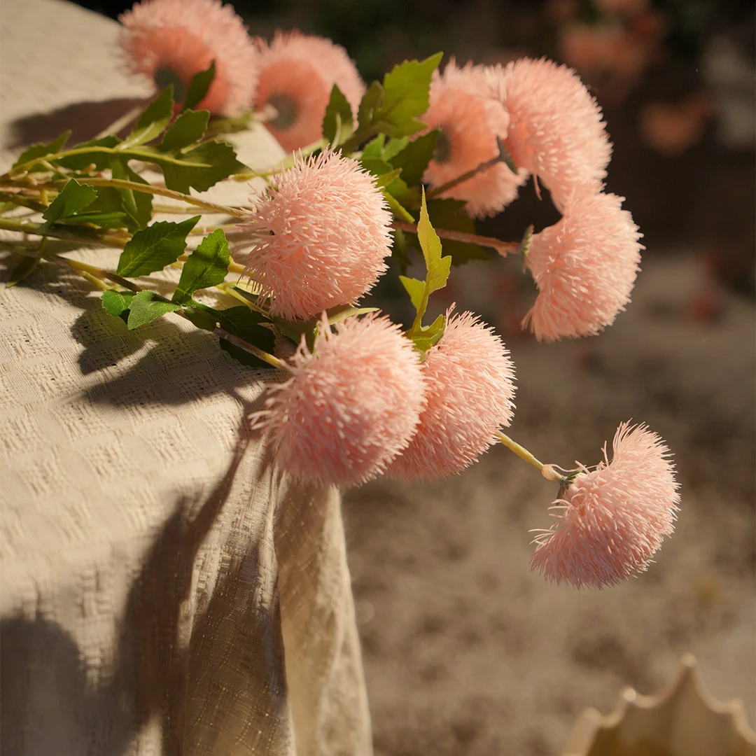 粉毛球 仿真花 软胶粉色毛球 三头 清新手感假花 现代简约风客厅