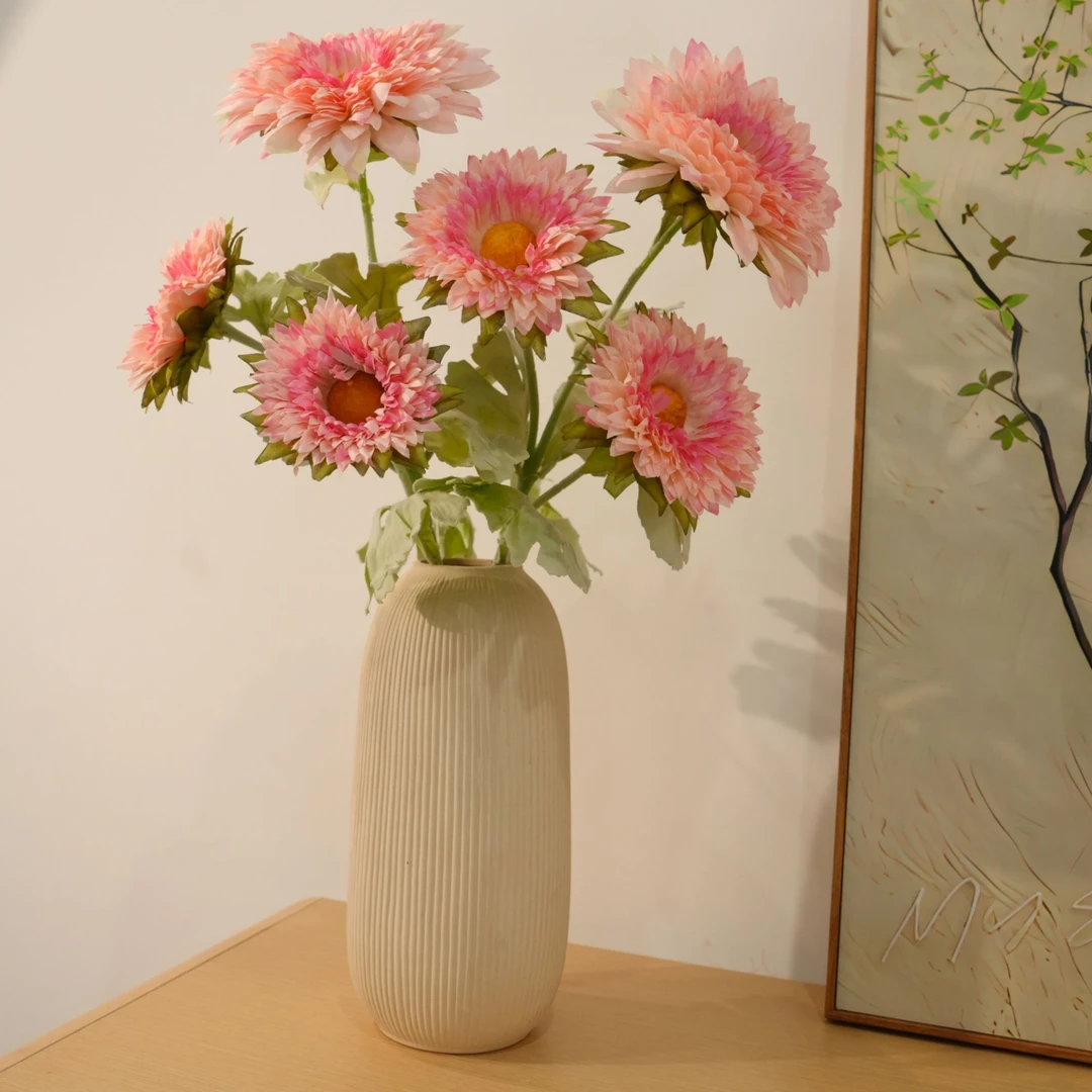 泰迪向日葵 仿真花 粉色系 奶油风北欧风餐桌花 3头向日葵假花