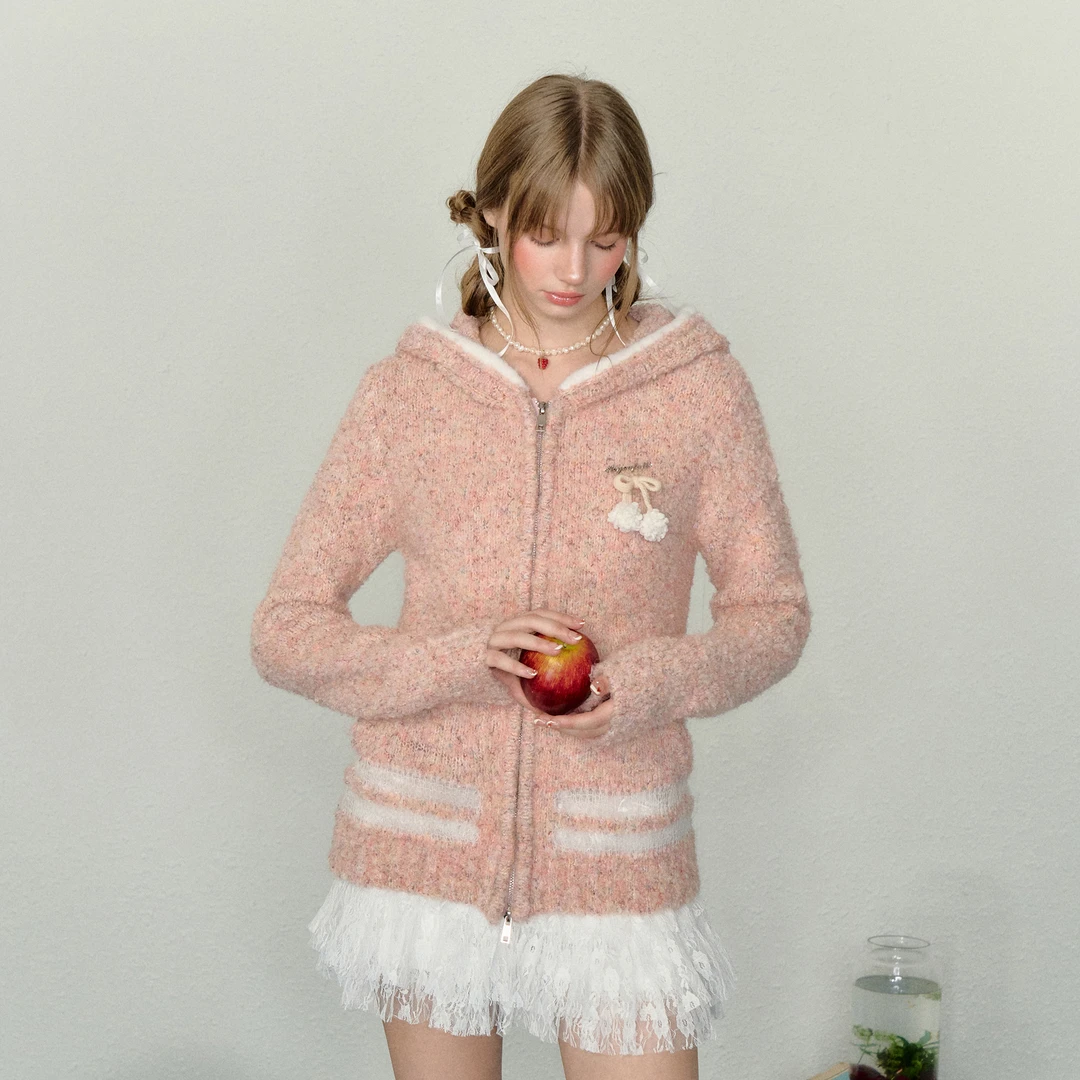 AYF圈圈彩纱拉链开衫 秋冬复古甜美慵懒风连帽针织开衫修身毛衣女