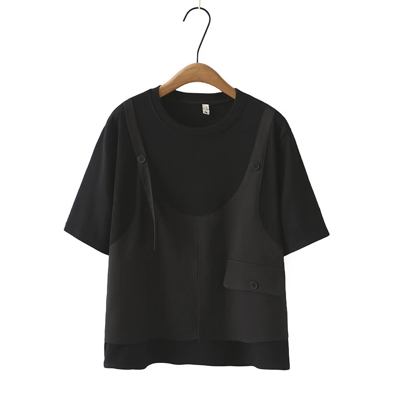 大码女装T恤短袖假2件背带夏新款2024上衣显瘦遮肉A1722