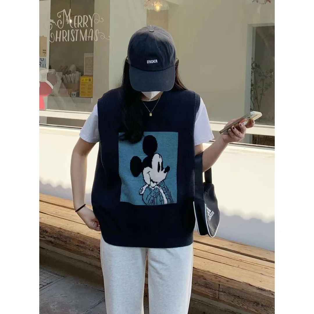 秋冬新款设计感撞色卡通米奇针织马甲套头圆领韩版毛衣背心女