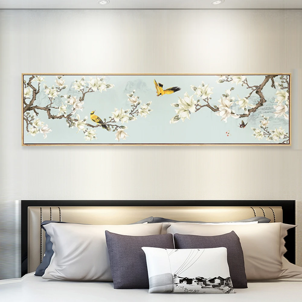 白玉兰花鸟装饰画新中式客厅背景墙挂画卧室床头墙画中国风壁画