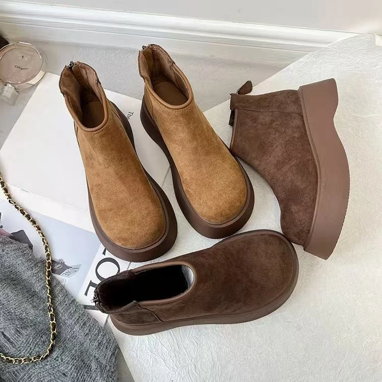 【欧梦熙】英伦风厚底加绒短靴女复古圆头舒适百搭马丁靴3611-1