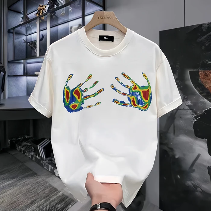 【高品质男装】夏季重磅纯棉白色短袖男个性ins创意印花圆领上衣服