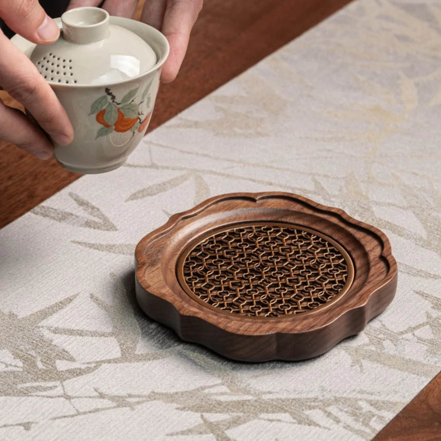 新 北美黑胡桃浪花壶承 小型茶台茶盘简约禅意实木茶承茶托新中式