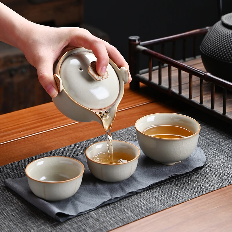 顾竹中式黄汝旅行便携式茶具一壶三杯快客杯车载陶瓷泡茶壶器简约