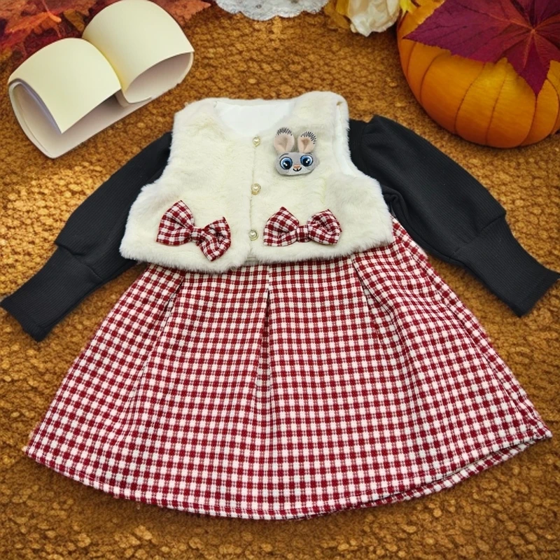 女童冬季套装2024新款儿童时髦小童时尚公主兔子卡通马甲连衣裙