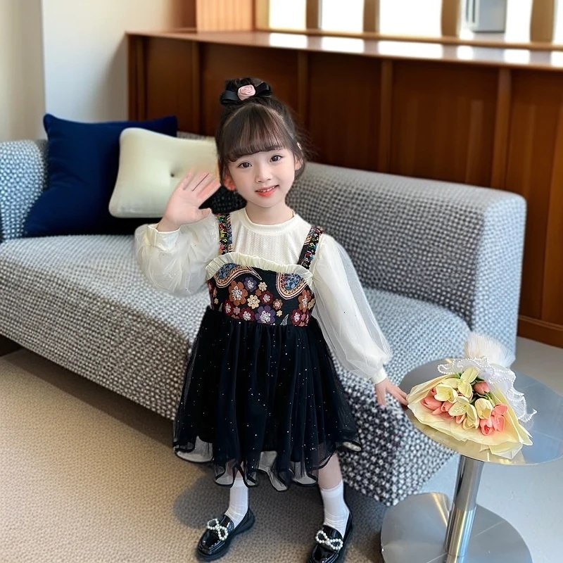 2024新款女童秋装连衣裙假两件儿童国风纱纱裙小童装秋季