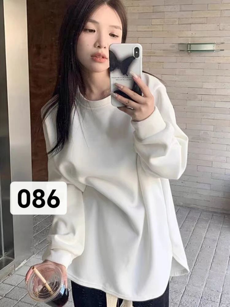 秋冬白色长袖T恤女加绒加厚宽松打底衫休闲上衣008卫衣打底