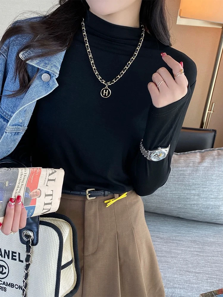 秋冬010新款加绒半高领打底衫女韩版弹力内搭长袖t恤