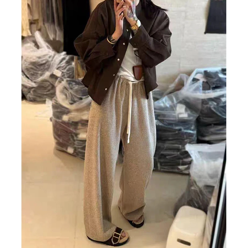 秋冬季新款韩版时尚休闲百搭加绒加厚卫裤女松紧腰系带运动阔腿裤