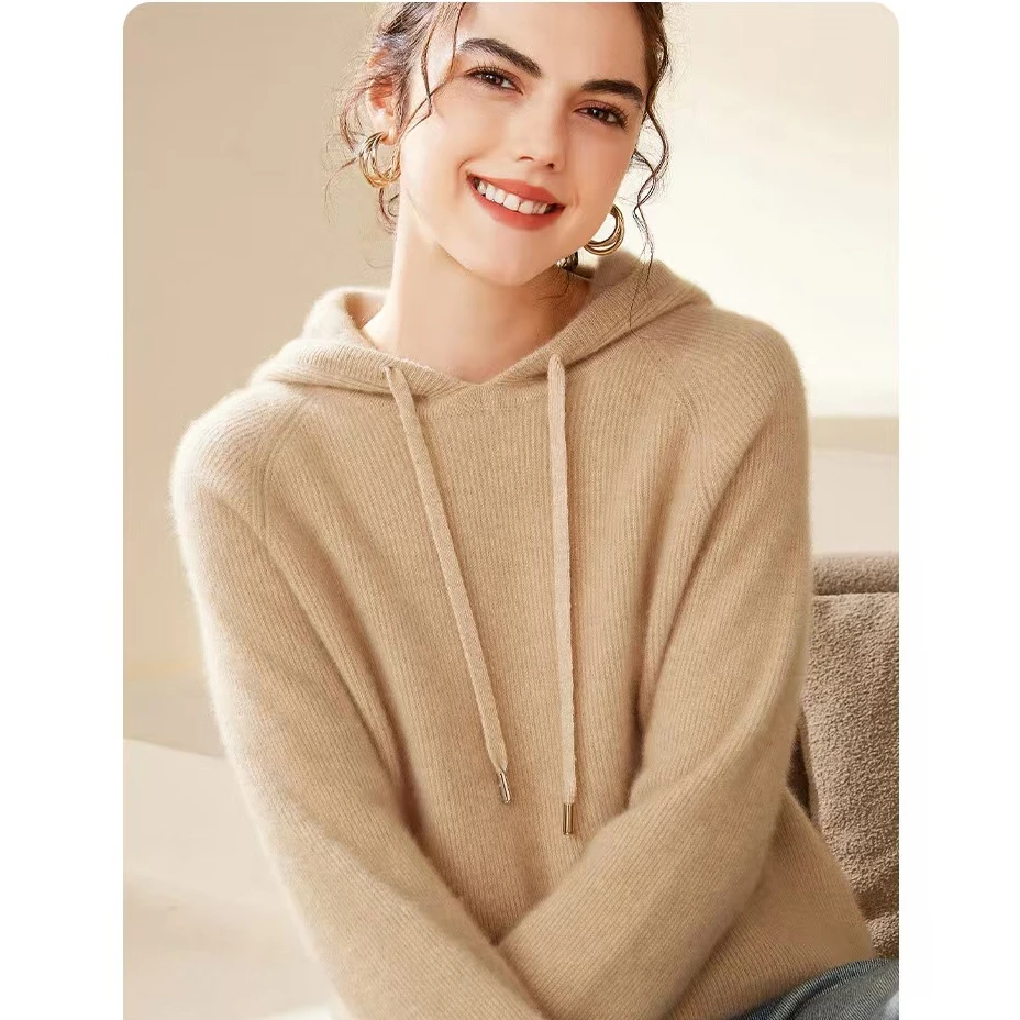 【100%纯山羊绒】针织套头帽衫 元宝针打底衫 亲肤保暖连帽休闲