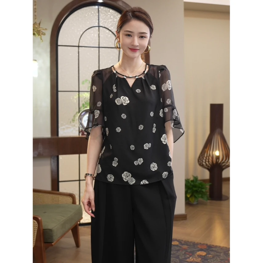 唐熹现货2025夏季新款【ZM24-X518】领口小心机设计花朵黑色上衣女