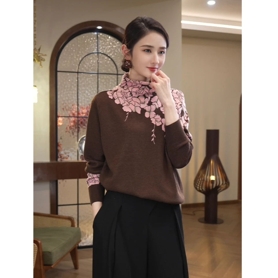 唐熹现货2025秋季新款【6129】含绵羊毛设计感小众粉棕色针织衫毛衣
