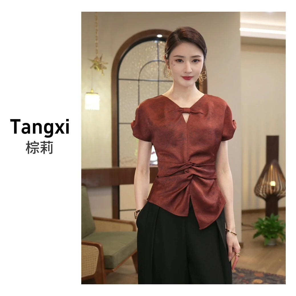 唐熹预售2025夏季新款【DD-1004】轻奢显白枫叶红色短袖衬衫上衣