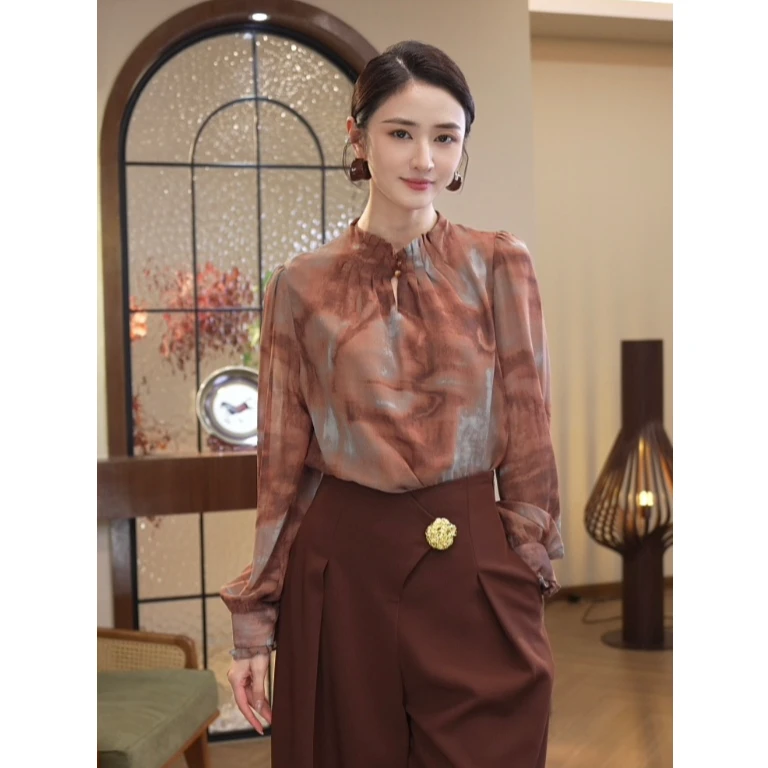 唐熹现货2025春季新款【5865】时尚气质高级晕染设计感长袖衬衫上衣