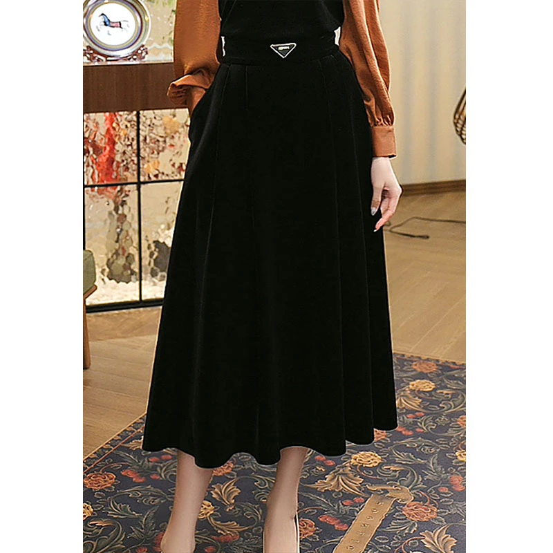 现货2025年春季新款【DD-930】气质高腰遮肉显瘦黑色A字版型半身裙