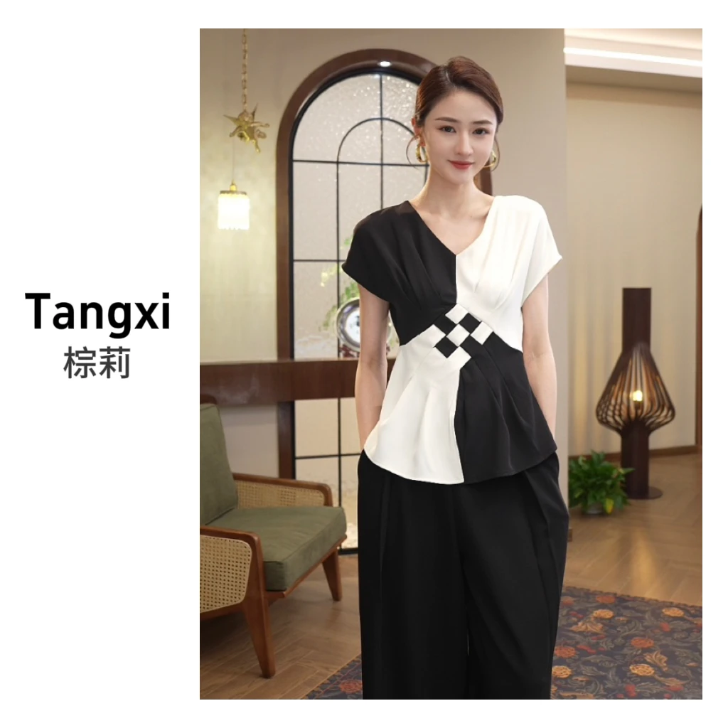 唐熹现货2025夏季新款【5175】时尚气质黑白拼色显瘦蝙蝠袖小衫上衣