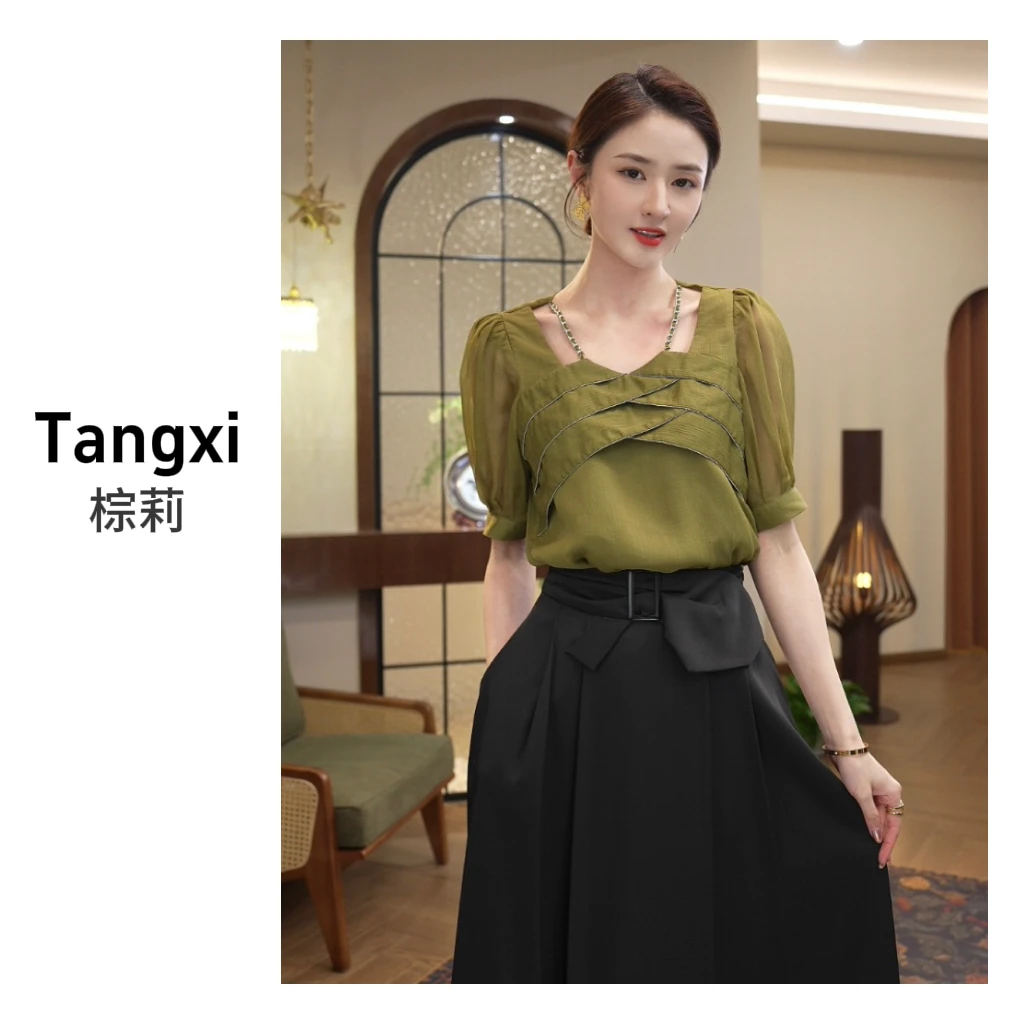 唐熹现货2025夏季新款【LT24-C291】小众气质绿色薄款洋气百搭上衣