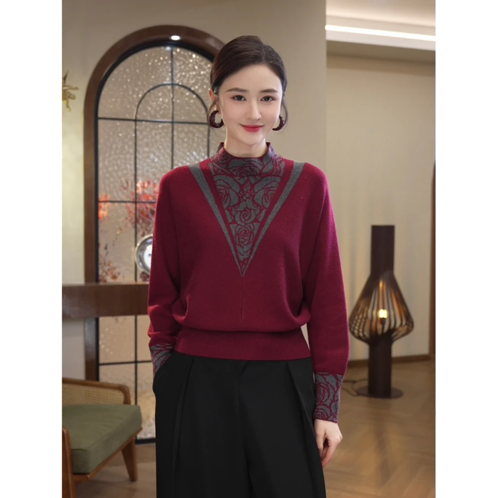 唐熹预售2025春季新款【LT24-Q827】含绵羊毛红拼灰显白针织衫毛衣