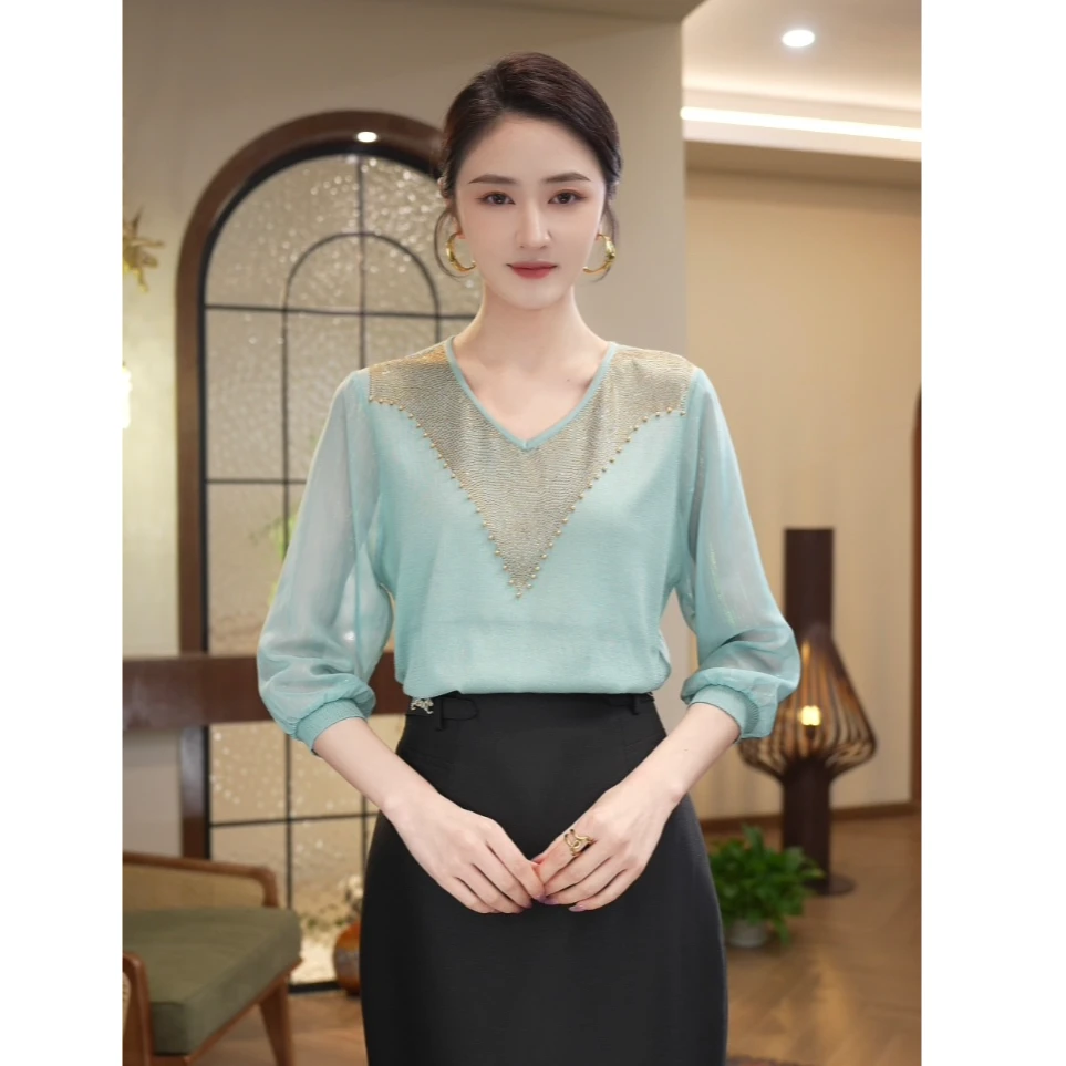 唐熹现货2025夏季新款【5670】时尚休闲设计感曲珠冰麻蓝色针织小衫