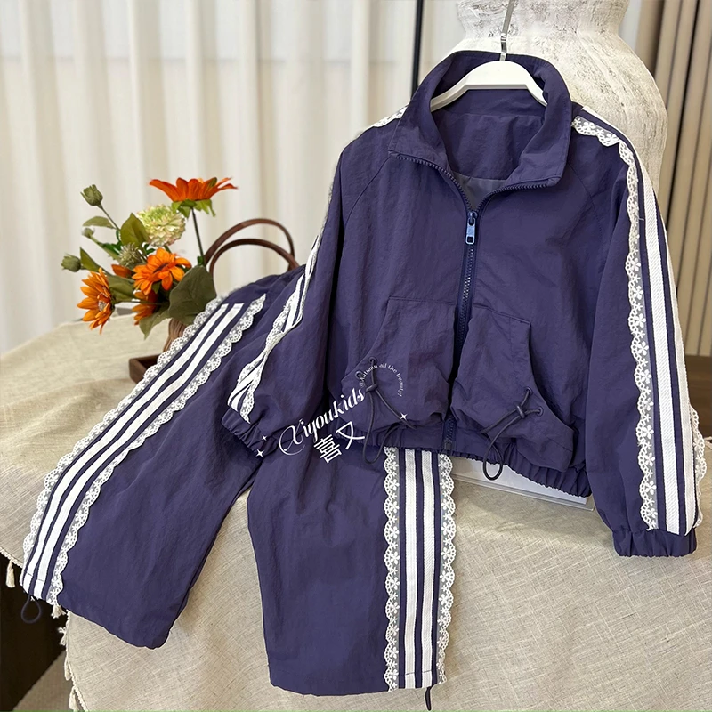 2024秋季新款女童韩版花边相拼网红大牌休闲外套运动套装 YN24503