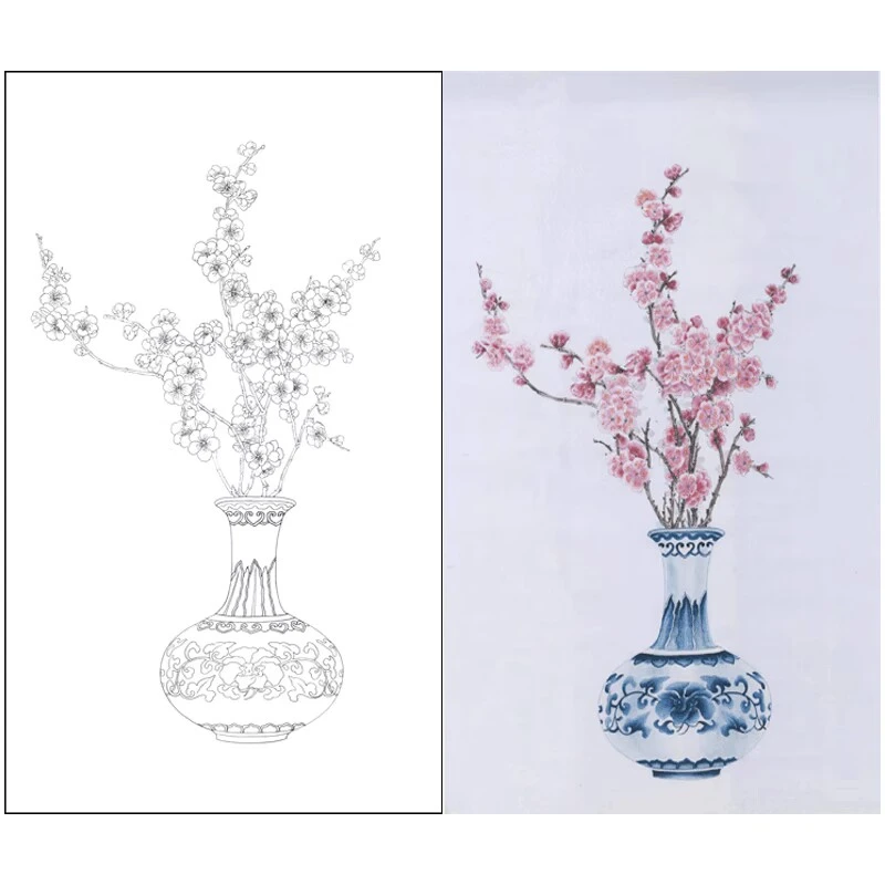 工笔画竖幅梅花花瓶图白描底稿线描稿临摹过稿勾线实物打印稿919X