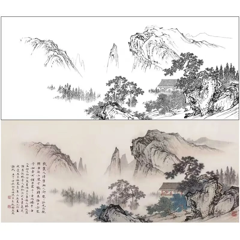 打印白描稿陈少梅(望云楼)山水画横幅白纸画临摹勾线白描底稿803L