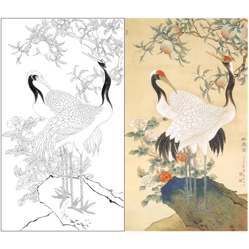 工笔画打印白描稿仙鹤鹤寿桃图初学者临摹勾线过搞上色练习942X