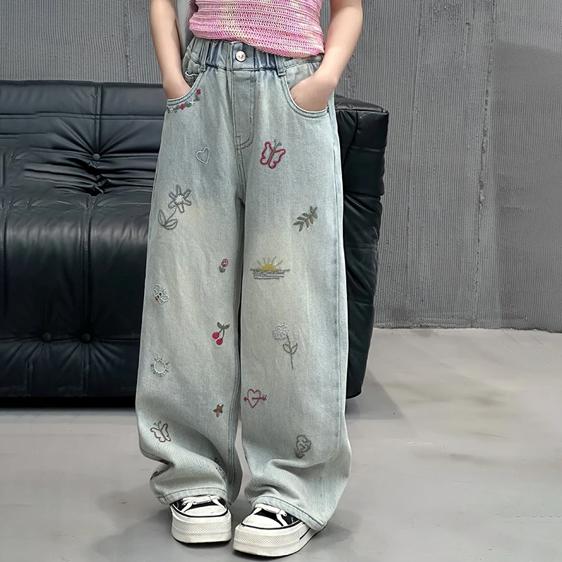 儿童夏季绣花牛仔裤夏季薄款大码显瘦休闲复古高街宽松裤子6-12岁