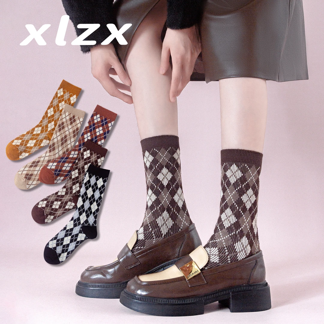 咖色菱形双针袜子女士秋冬季中筒网红韩版抗起球长筒冬天保暖长袜