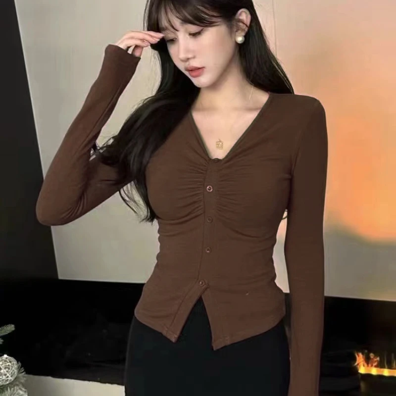 【现货】88730 长袖修身小众纯色秋冬V领显瘦设计感纯欲打底上衣