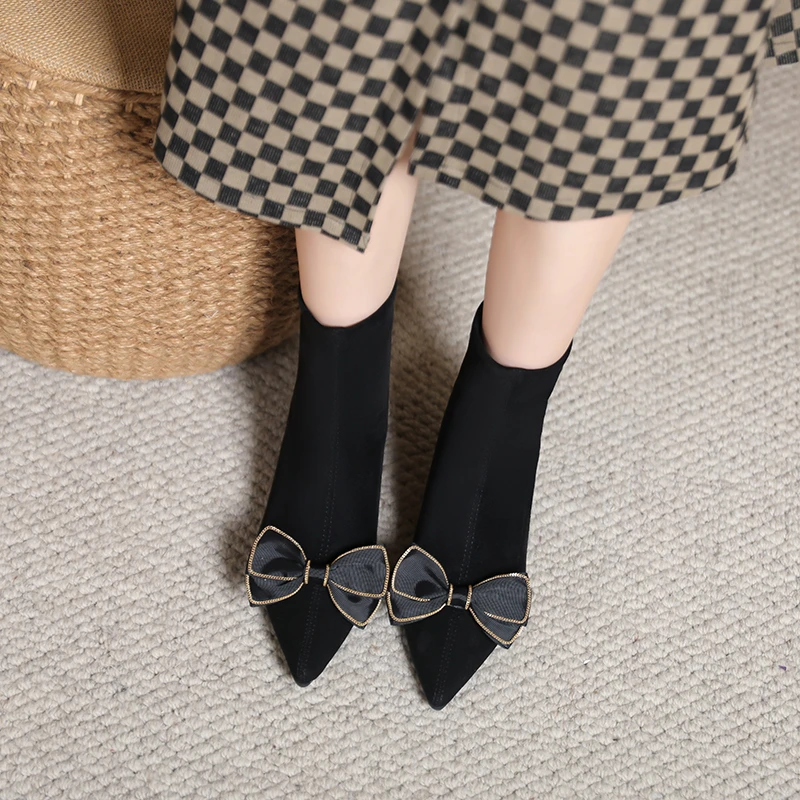 蝴蝶结短靴女2025秋季新款弹力瘦瘦靴尖头后拉链单靴子女粗跟女靴