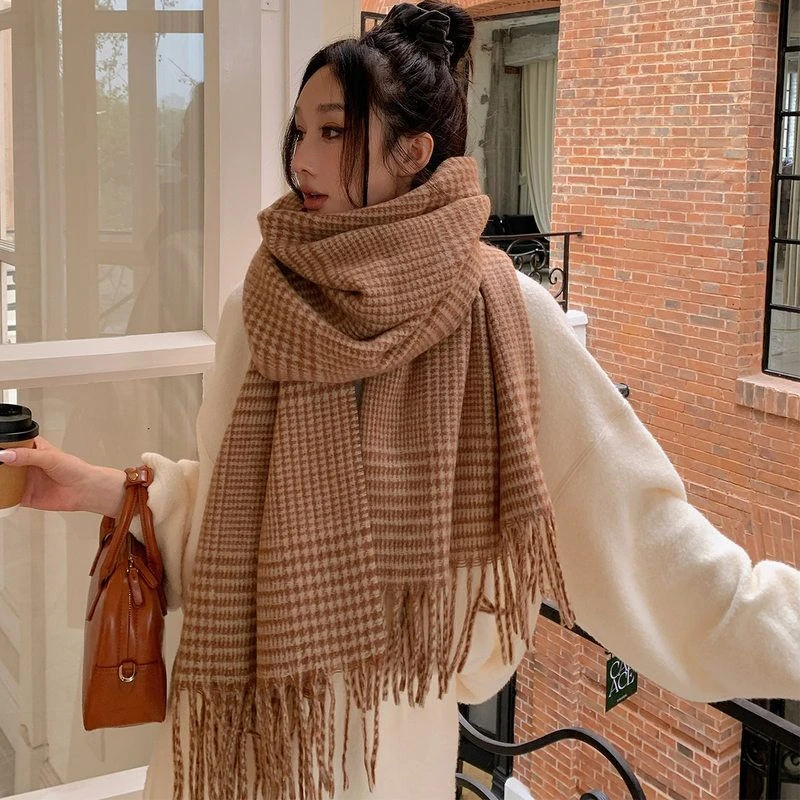 韩系氛围感千鸟格子情侣围巾男女2025年秋冬季针织保暖防寒围脖潮