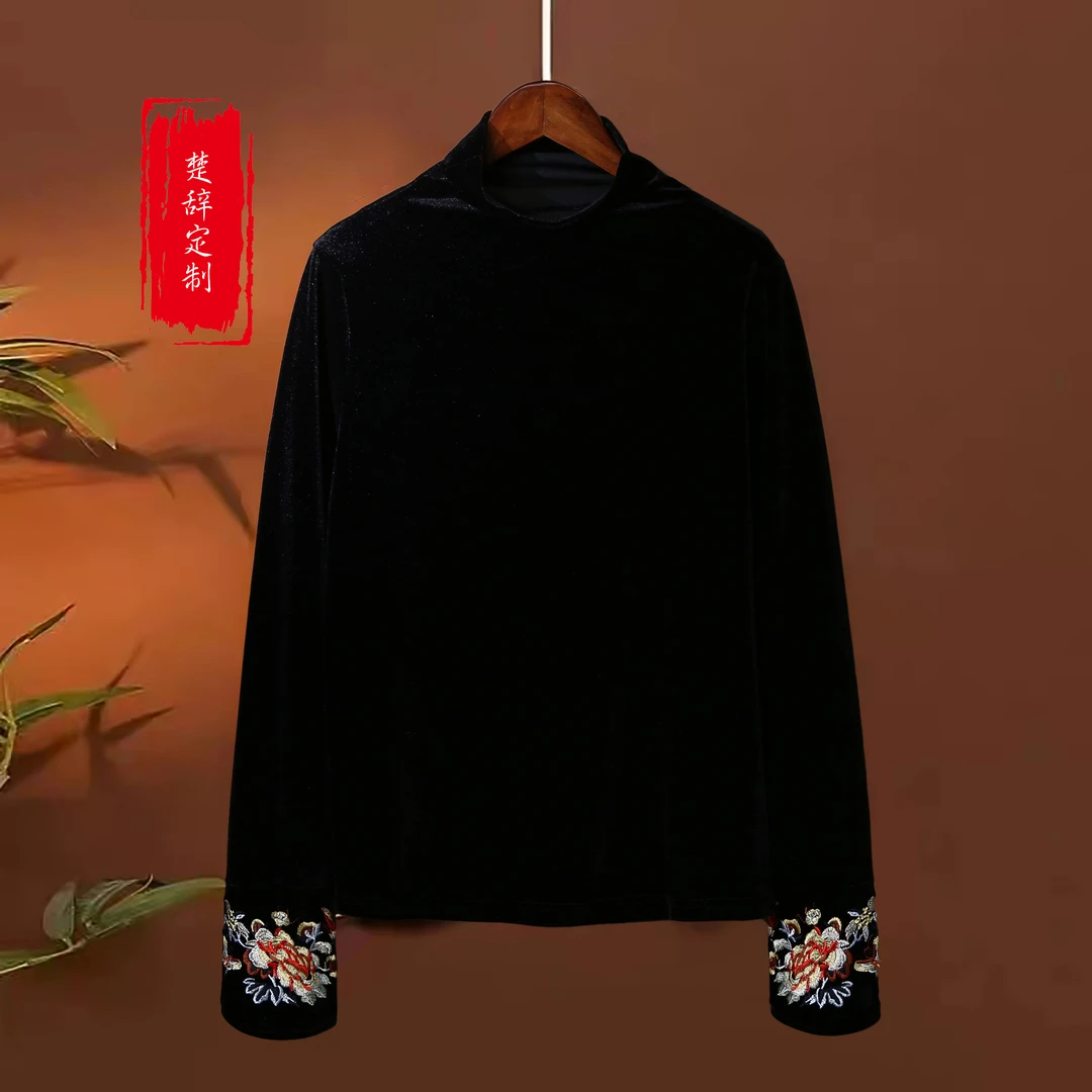 【蝶恋花】2023新款秋冬打底衫女新中式国风刺绣半高领加绒长袖T恤