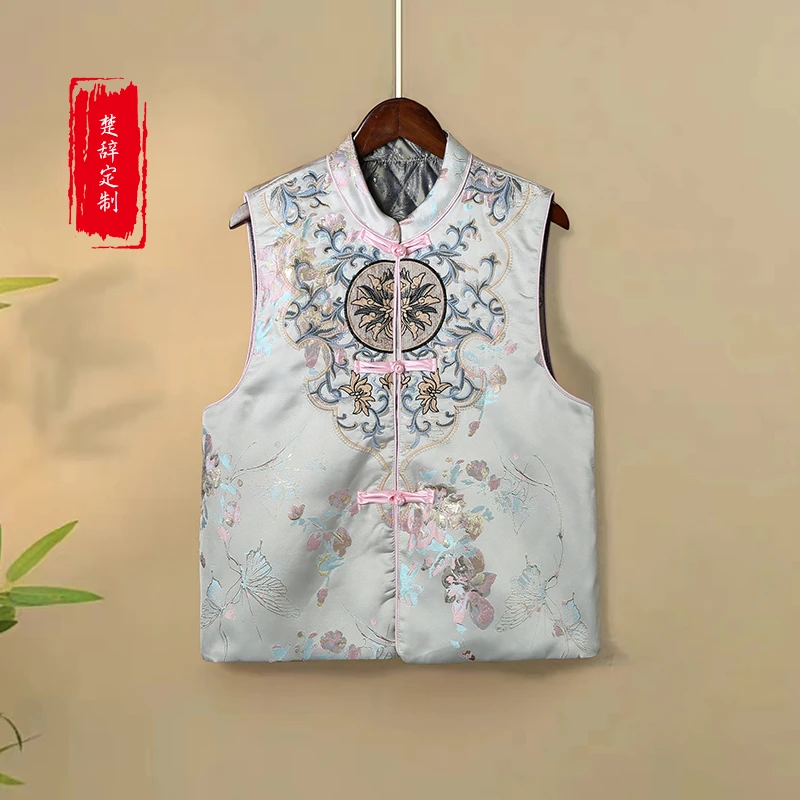 【花期】秋冬季新款加厚上衣刺绣马甲新中式国风盘扣国潮马夹外套女