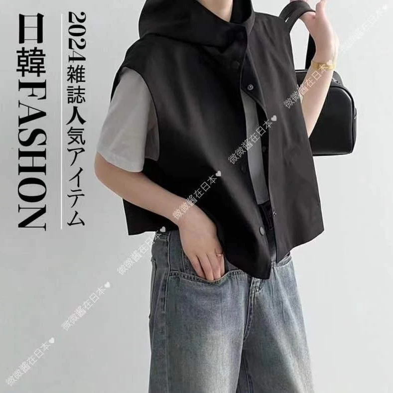 396#韩版黑色连帽马甲女无袖百搭宽松时尚叠穿短款马夹休闲外套