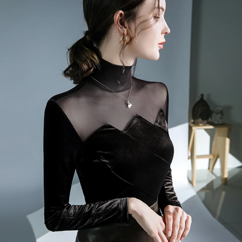 丝绒拼接网纱小衫不规则设计感打底衫冬季简约新款上衣时尚内搭女