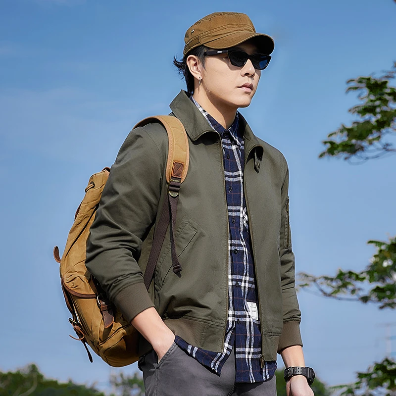 好货推荐！春秋新款纯棉男士外套夹克衫工装户外休闲中年立领上衣